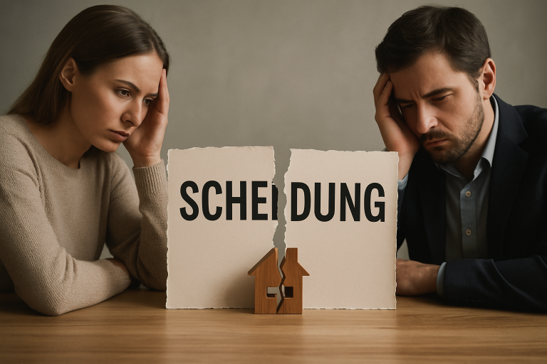 Ein Mann und eine Frau sitzen sich schweigend an einem Holztisch gegenüber. Zwischen ihnen liegt ein zerrissenes Papier mit dem Wort ‚Scheidung‘. Davor steht ein zerbrochenes Holzhaus als Symbol für die Trennung.